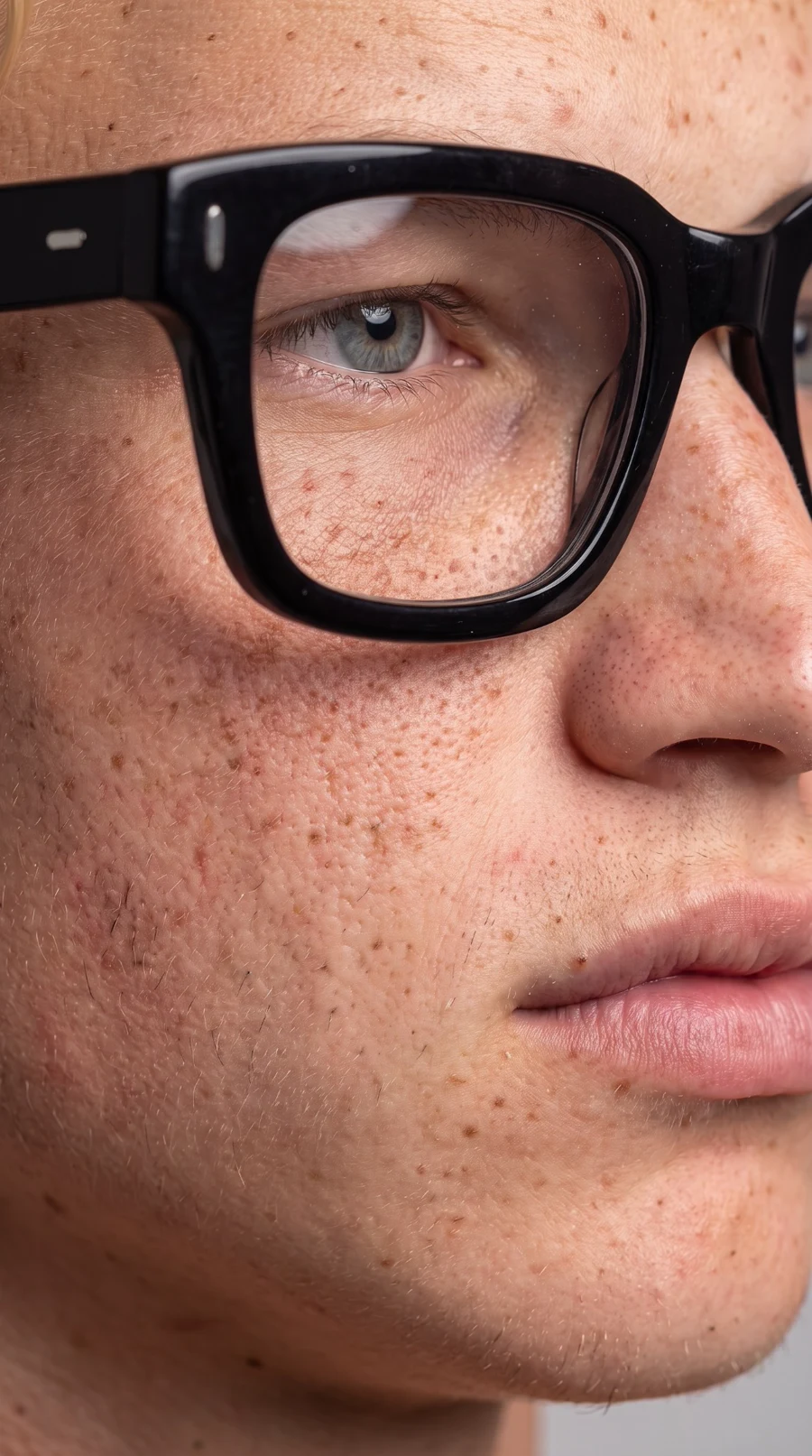 Detalle de la piel, las pecas y el ojo del avatar